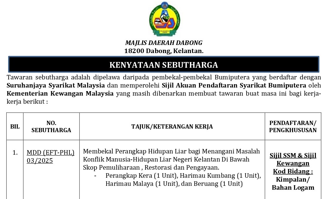 Membekal Perangkap Hidupan Liar bagi Menangani Masalah Konflik Manusia-Hidupan Liar Negeri Kelantan Di Bawah Skop Pemuliharaan , Restorasi dan Pengayaan. - Perangkap Kera (1 Unit), Harimau Kumbang (1 Unit), Harimau Malaya (1 Unit), dan Beruang (1 Unit)
